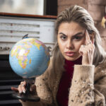 portrait beautiful lady holding world globe